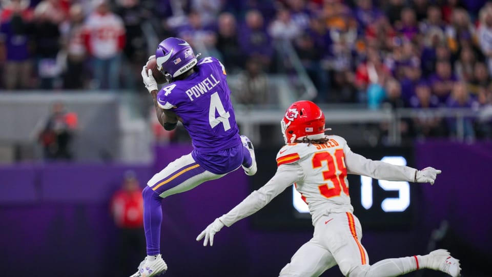 Oct 8, 2023; Minneapolis, Minnesota, USA; Minnesota Vikings wide receiver Brandon Powell (4) catches a pass against the Kansas City Chiefs cornerback L'Jarius Sneed (38) in the fourth quarter at U.S. Bank Stadium.
